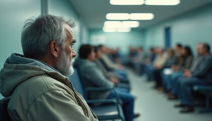 Elderly man waits in crowded medical clinic hall. Patients sit on chairs in sterile waiting room, anticipating appointments. Healthcare setting with diverse people.