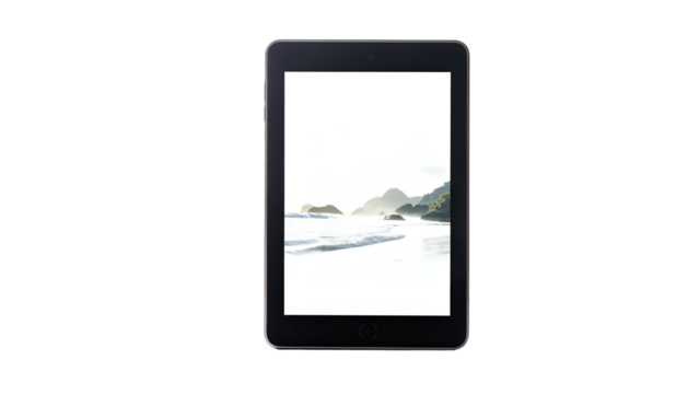 Tablet displays beach landscape with white sand and ocean waves