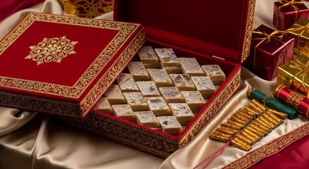 An ornate, open red velvet box filled with diamondshaped indian sweets, garnished with nuts and silver leaf, presented on a silk cloth