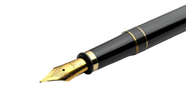 Black and gold fountain pen with ornate nib, black background