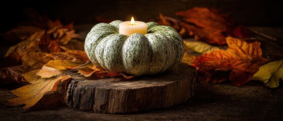 Cozy autumn scene with a glowing candle on a pumpkin surrounded by colorful fallen leaves on rustic wood surface