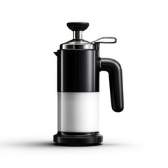 A stylish black and white French press coffee maker on a clean white background.