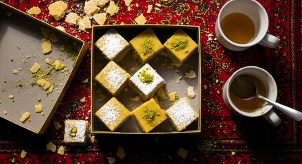 Overhead view of a box filled with delicious diamondshaped baklava pastries, dusted with powdered sugar and pistachios, served with two cups of tea on a red, textured background, creating a delightful