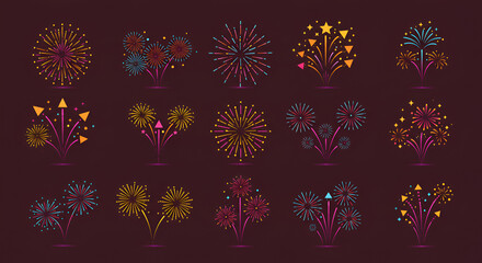 Vibrant vector illustration featuring an assortment of colorful fireworks displays