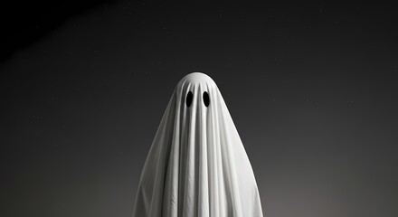 A classic ghost costume made from a white sheet with two eyeholes, standing against a dark, moody background, perfect for halloween or a spookythemed event