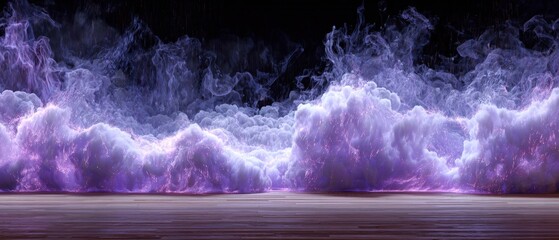 Stunning view of vibrant purple lightning and storm clouds illuminating the night sky over a calm landscape with dramatic weather atmosphere