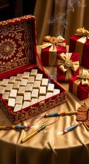 An ornate, open red and gold box filled with assorted indian sweets, surrounded by wrapped gift boxes tied with golden ribbons and lit sparklers, suggesting a festive celebration like diwali