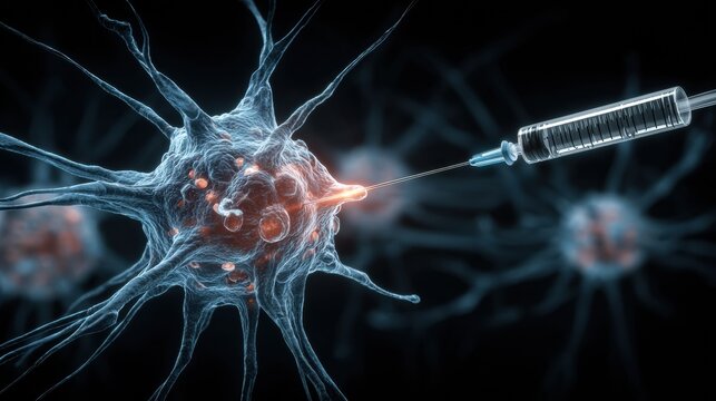 A neuron is shown having a syringe injected into it, illustrating a scene related to cell research and medical advancements in biotechnology.