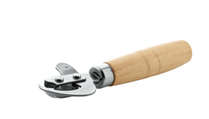 Can opener with wood handle, stainless metal cutting head