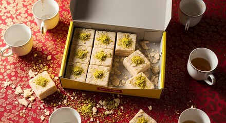 A box of indian sweets, possibly barfi or kalakand, topped with chopped pistachios, arranged on a red, textured surface with scattered crumbs and teacups, suggesting a teatime treat