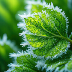 Close up of a green leaf with frost crystals on its edges