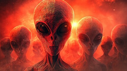 Group of mysterious alien creatures with large black eyes and elongated heads in a fiery atmospheric background with glowing sunset light