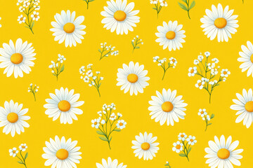 Seamless pattern of white daisies with yellow centers on a bright yellow background
