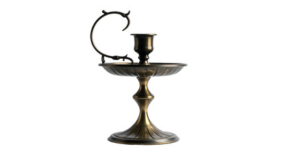 Fototapeta premium Ornate brass candlestick holder with curved handle, isolated