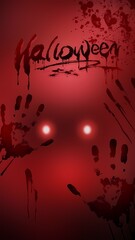 Spooky halloween background with glowing red eyes, blood splatters, and handprints, evoking a sense of horror and mystery for the holiday season