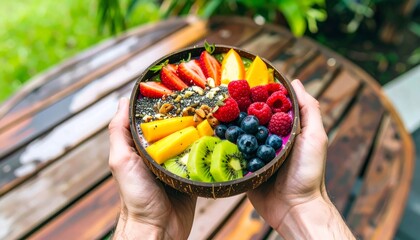 Hands holding a vibrant and colorful smoothie bowl topped with fresh fruit like strawberries, blueberries, kiwi, and mango slices, along with seeds and nuts, set outdoors on a wooden table