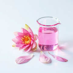 Pink lotus flower and pink liquid in a beaker on a white background
