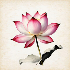 Beautiful pink lotus flower with green leaves on textured background