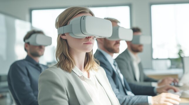 Business Team Using Virtual Reality Headsets in Office