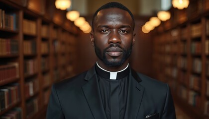 Portrait of black clergyman wearing white collar and formal black suit in church library. Man stands in hallway with bookshelves. Pastor poses for spiritual photo with solemn expression.