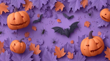 Festive Halloween Decoration Scene with Carved Pumpkins Bats and Spiders on Purple Leafy Background for Holiday Celebration