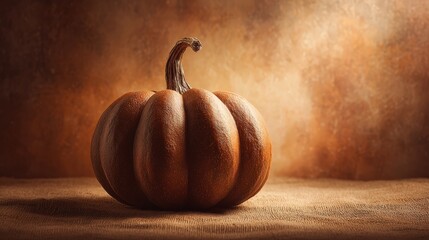 Close-up of a ripe orange pumpkin with smooth skin and curved stem placed on wooden surface against warm textured background