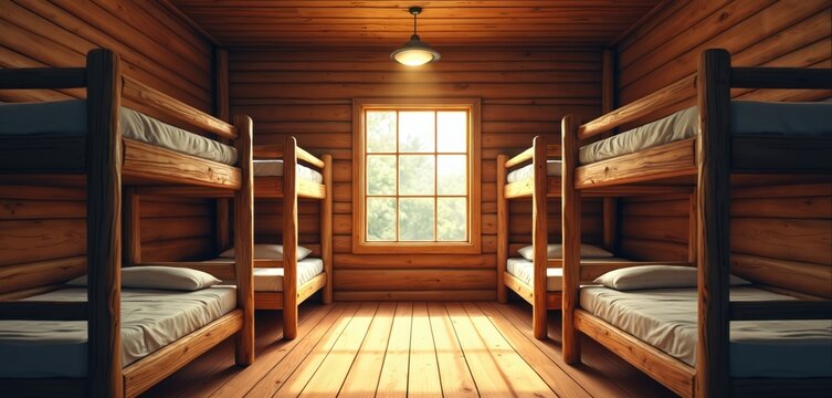 Illustration of cozy wooden bunk bed dormitory with natural daylight from large window. Dorm interior showcases beds inside a warm cabin. Perfect for travel or youth hostel theme.