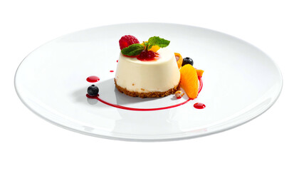 Cheesecake dessert with fruit garnish on white plate