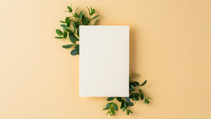 Blank card surrounded by green leaves on a cream background