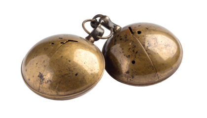 Old, tarnished brass spherical bell set with connecting chain