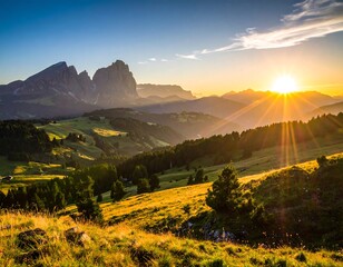 A scenic vista of rolling hills and mountain peaks is bathed in the warm light of a sunrise. The foreground shows vibrant green fields