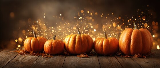 Row of Small Bright Orange Pumpkins with Autumn Decorations on Wooden Surface with Bokeh Light Effect for Fall Harvest Celebration