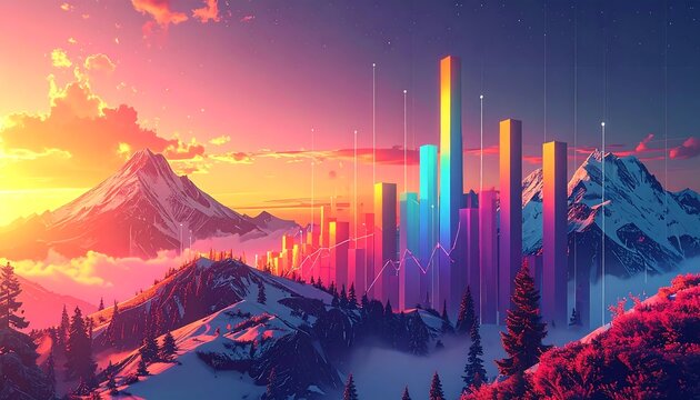 A vibrant sunset casts a warm glow over snow-capped mountains and a digital skyline of colorful data visualization bars and lines