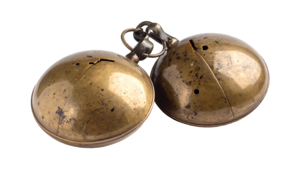 Old, tarnished brass spherical bell set with connecting chain