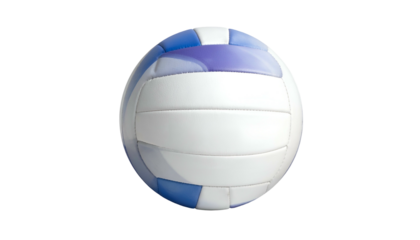 White/blue volleyball floats against a black background