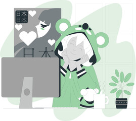 Young Person in Frog Hoodie Enjoying Anime Content on Computer vector illustration