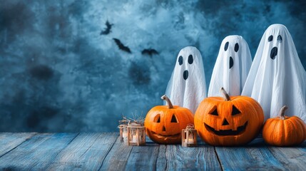 Spooky Halloween scene with ghost decorations carved pumpkins and bats flying against dark cloudy sky for festive celebration image