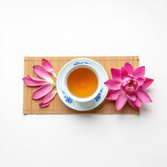 Serene tea ceremony with pink lotus flowers and herbal tea