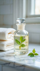 Clear glass bottle with essential oil and fresh green leaves