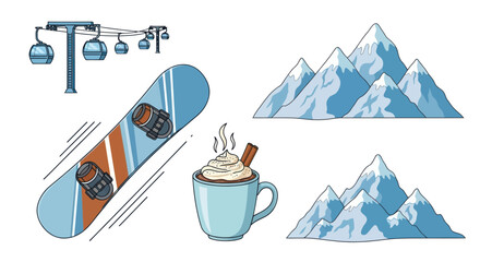 Winter Snowboarding Adventure Elements: Snowboard Ski Lift Mountains and Hot Drink. © Rizal