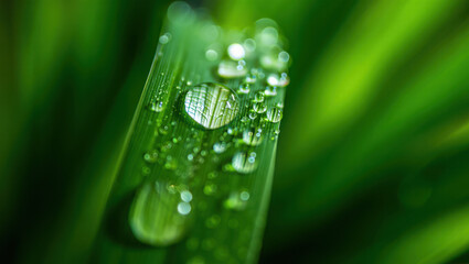 Close up of fresh green grass blade with dew drops in soft focus background