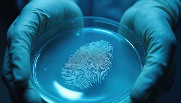 Gloved hands hold a petri dish. Fingerprint on the glass in forensics lab. Crime scene investigation process to identify criminal. Proof used by legal system. Finger mark science tech.