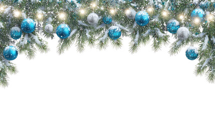 Festive Christmas border with green pine branches, red berries, and holiday decorations for seasonal celebration isolated on white background