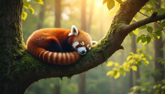 Red panda sleeps on mossy tree branch in forest. Wild animal has a rest at nature at sunny day. Endangered species conservation. Cute mammal sleeps on log. - Powered by Adobe