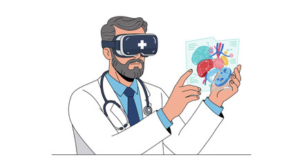 Doctor in lab coat wearing VR headset, holding human internal organs illustration. Concept for medical training simulation, surgical planning, and virtual reality therapy.