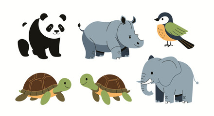 Cartoon Animals: Panda Rhino Bird Turtles and Elephant. © Rizal