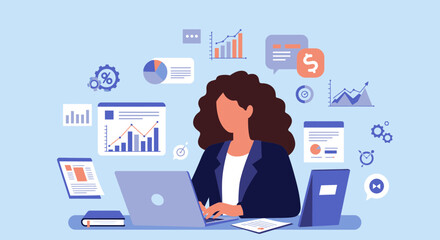 Woman working on laptop with financial data visualization elements, concept for data analysis, business intelligence and financial management solution.