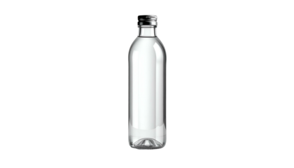 Clear glass bottle with liquid, black background, silvery cap