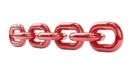 Strong red metal chain with shiny surface and linked connection detail for industrial strength isolated on white background