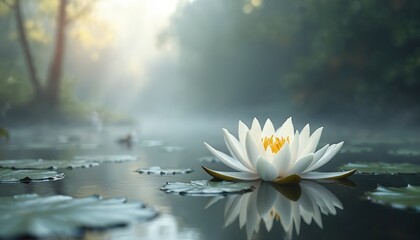Close up view on water lily flower in misty calm lake water. Blossom flower with white petals and yellow pistil on calm water. Leafs float on surface. Meditative art picture.